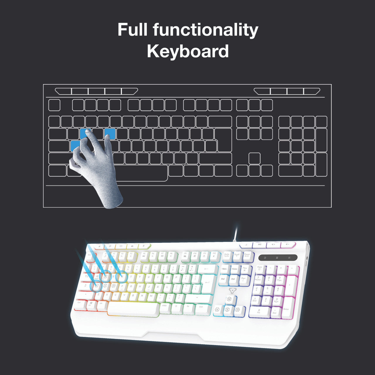 Laser White Gaming RGB Keyboard Full Size with Multimedia Keys